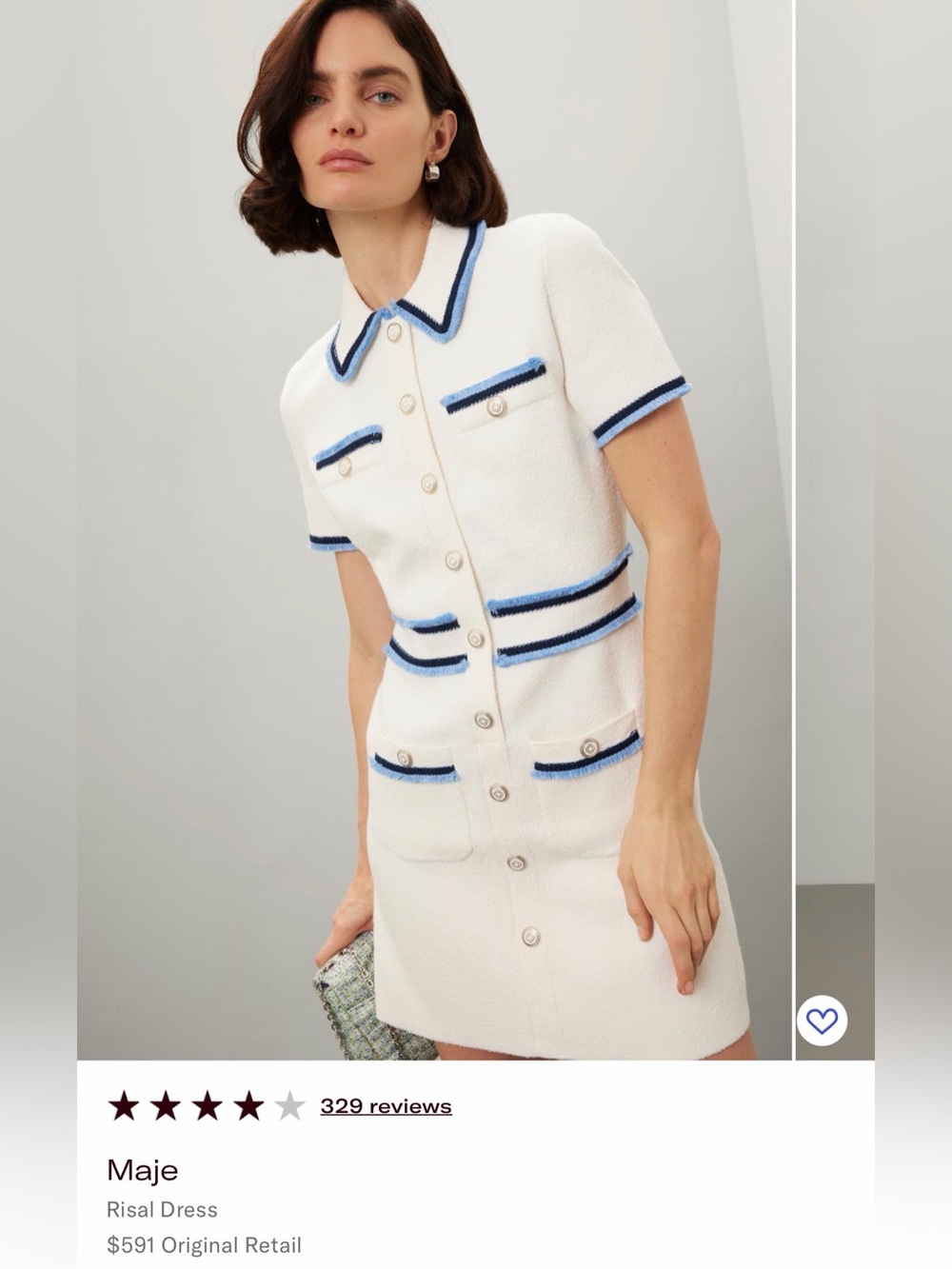 Maje White Tweed Polo Dress with Blue Trim